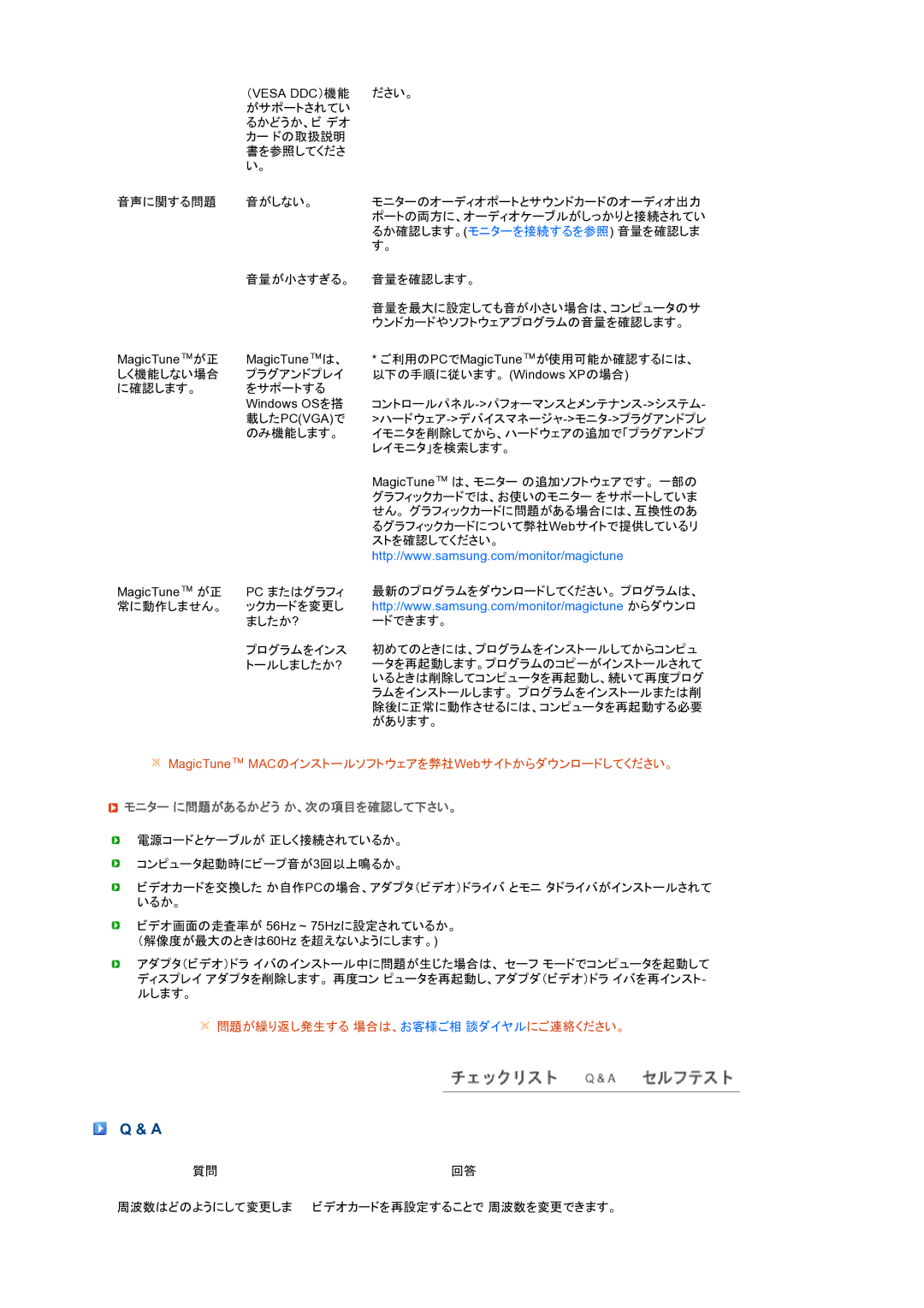 Samsung LS22UCWSFV/XSJ manual MagicTune MACのインストールソフトウェアを弊社Webサイトからダウンロードしてください。, モニター に問題があるかどう か、次の項目を確認して下さい。 