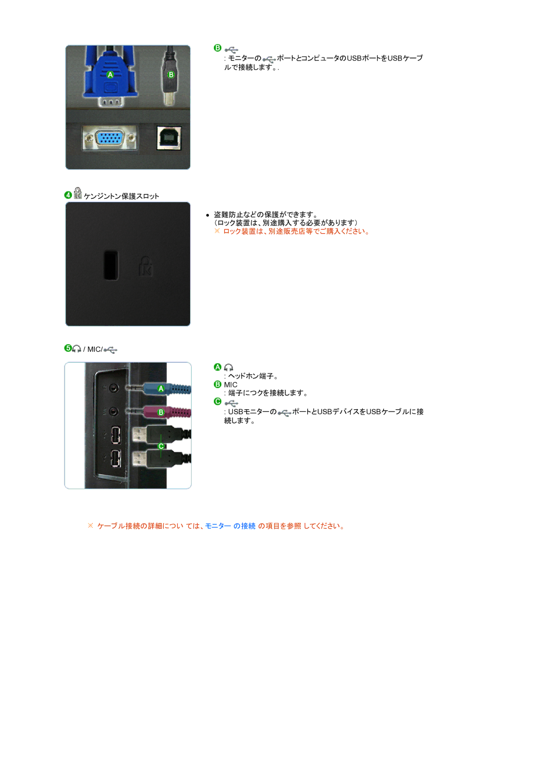 Samsung LS22UCWSFV/XSJ manual ケーブル接続の詳細につい ては、モニター の接続 の項目を参照 してください。 