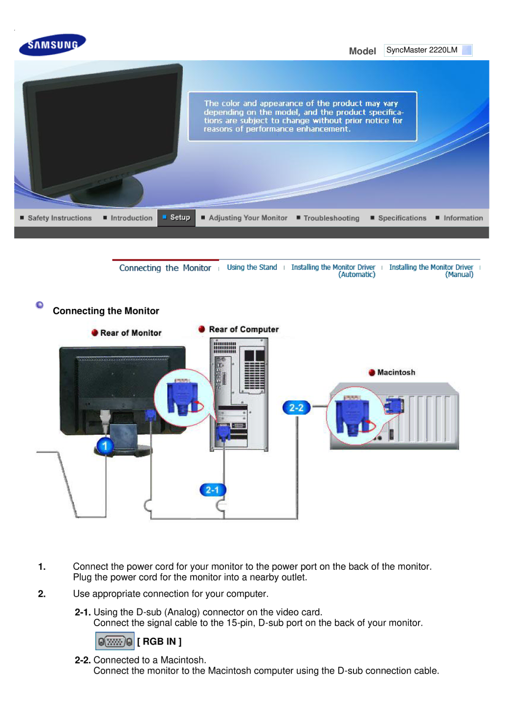 Samsung LS22WJNKFUEDC manual Connecting the Monitor, Rgb 