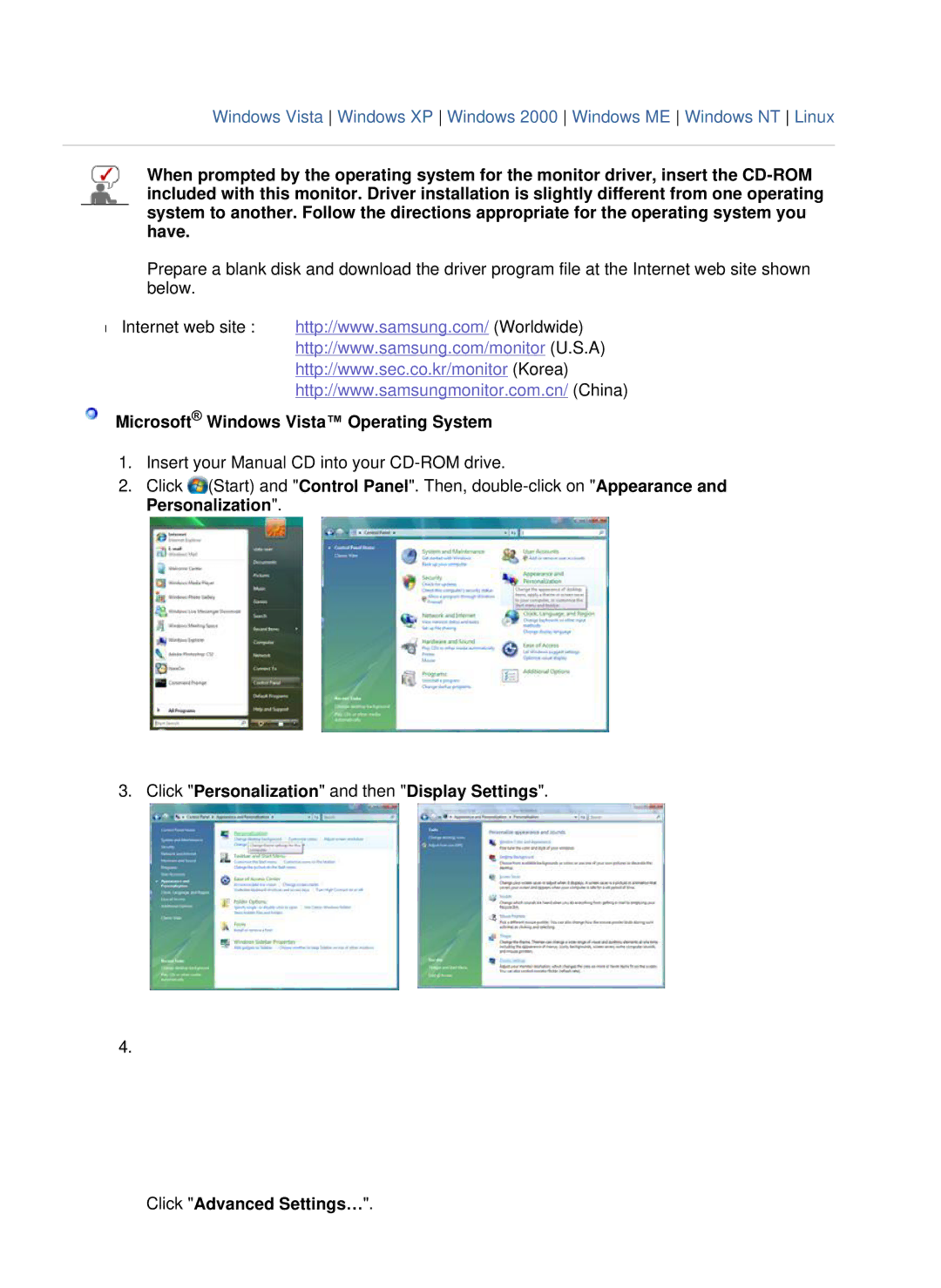 Samsung LS22WJNKFUEDC manual Microsoft Windows Vista Operating System 