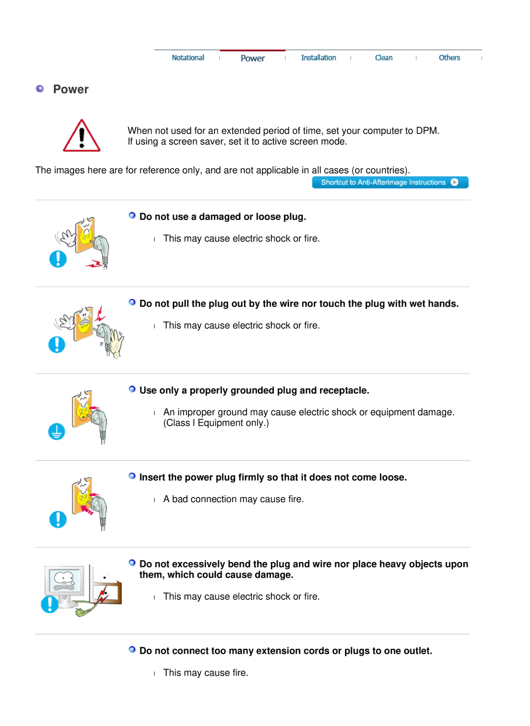 Samsung LS22WJNKFUEDC manual Power, Do not use a damaged or loose plug, Use only a properly grounded plug and receptacle 