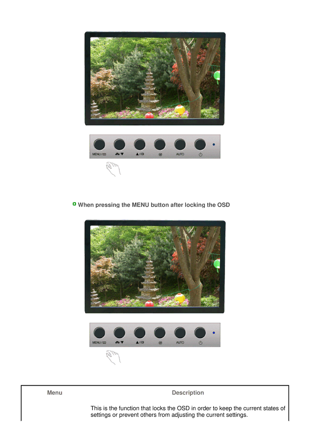 Samsung LS22WJNKFUEDC manual Menu Description 