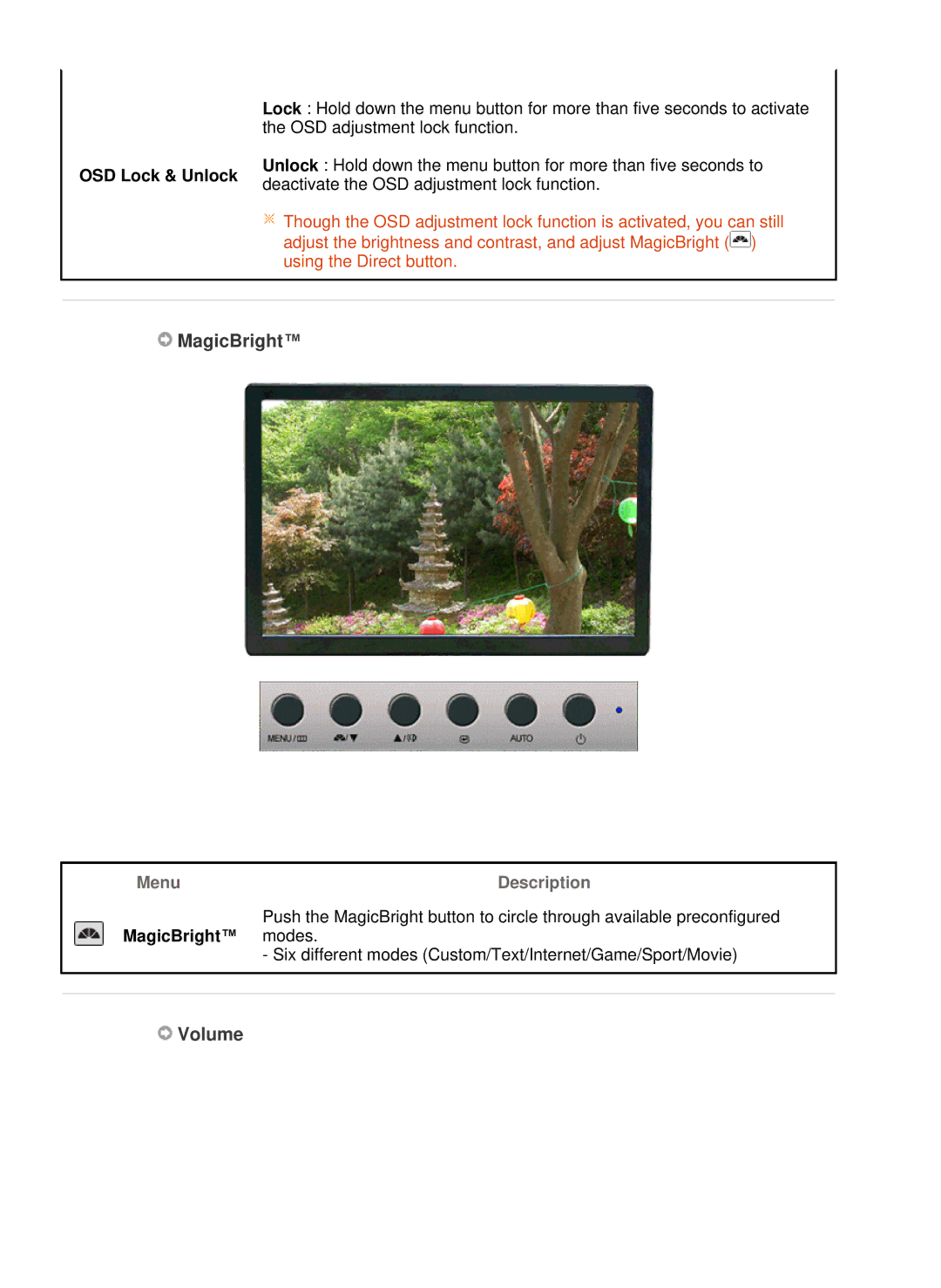 Samsung LS22WJNKFUEDC manual MagicBright, Volume, OSD Lock & Unlock 