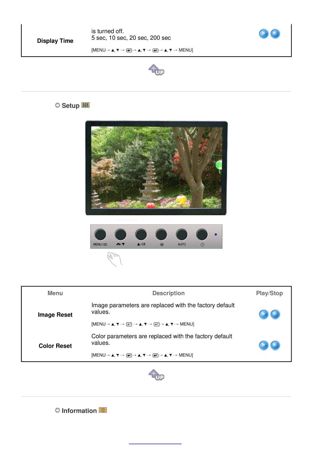 Samsung LS22WJNKFUEDC manual Setup, Information, Display Time, Image Reset Color Reset 