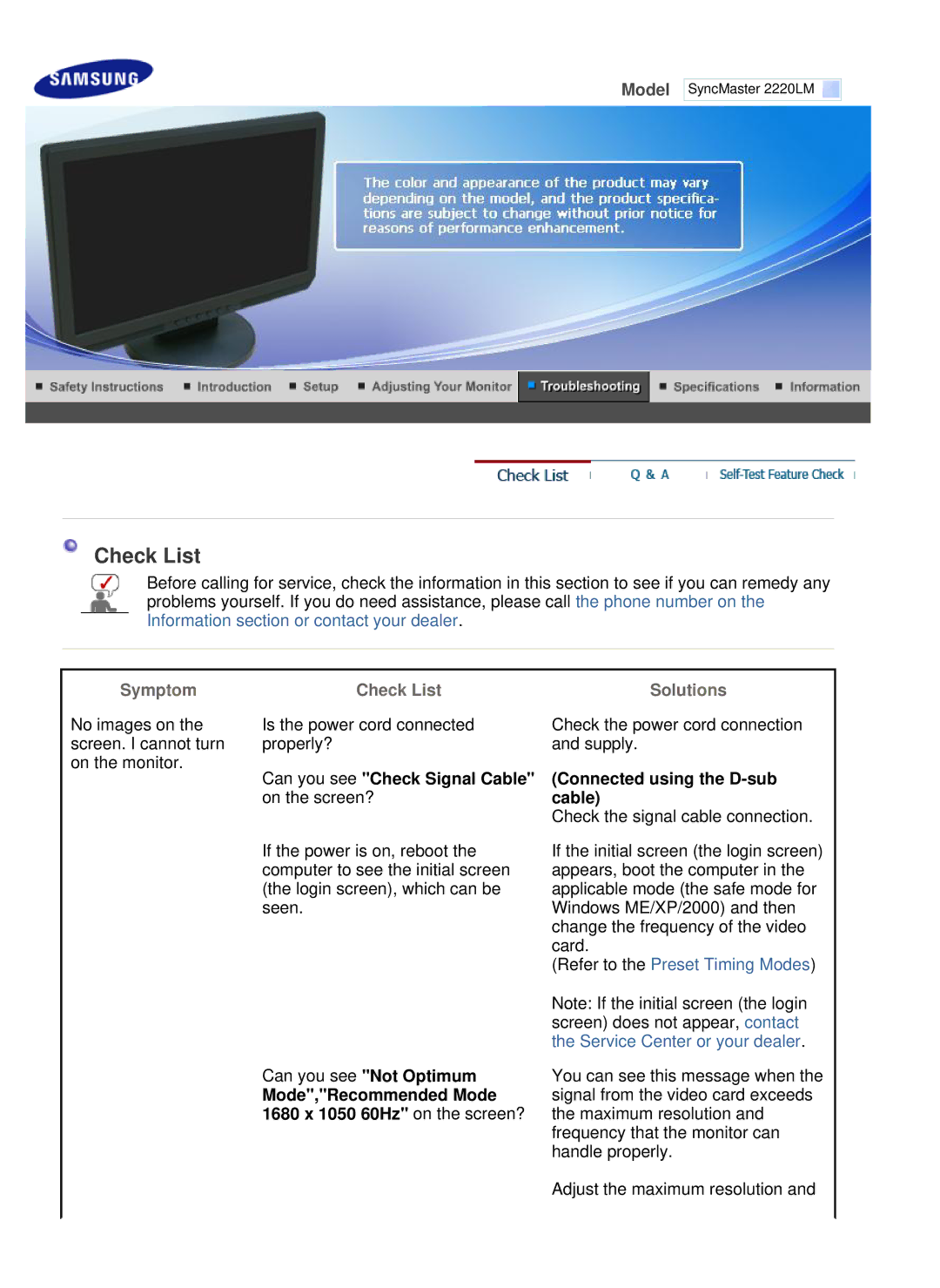 Samsung LS22WJNKFUEDC manual Check List, Symptom, Solutions 