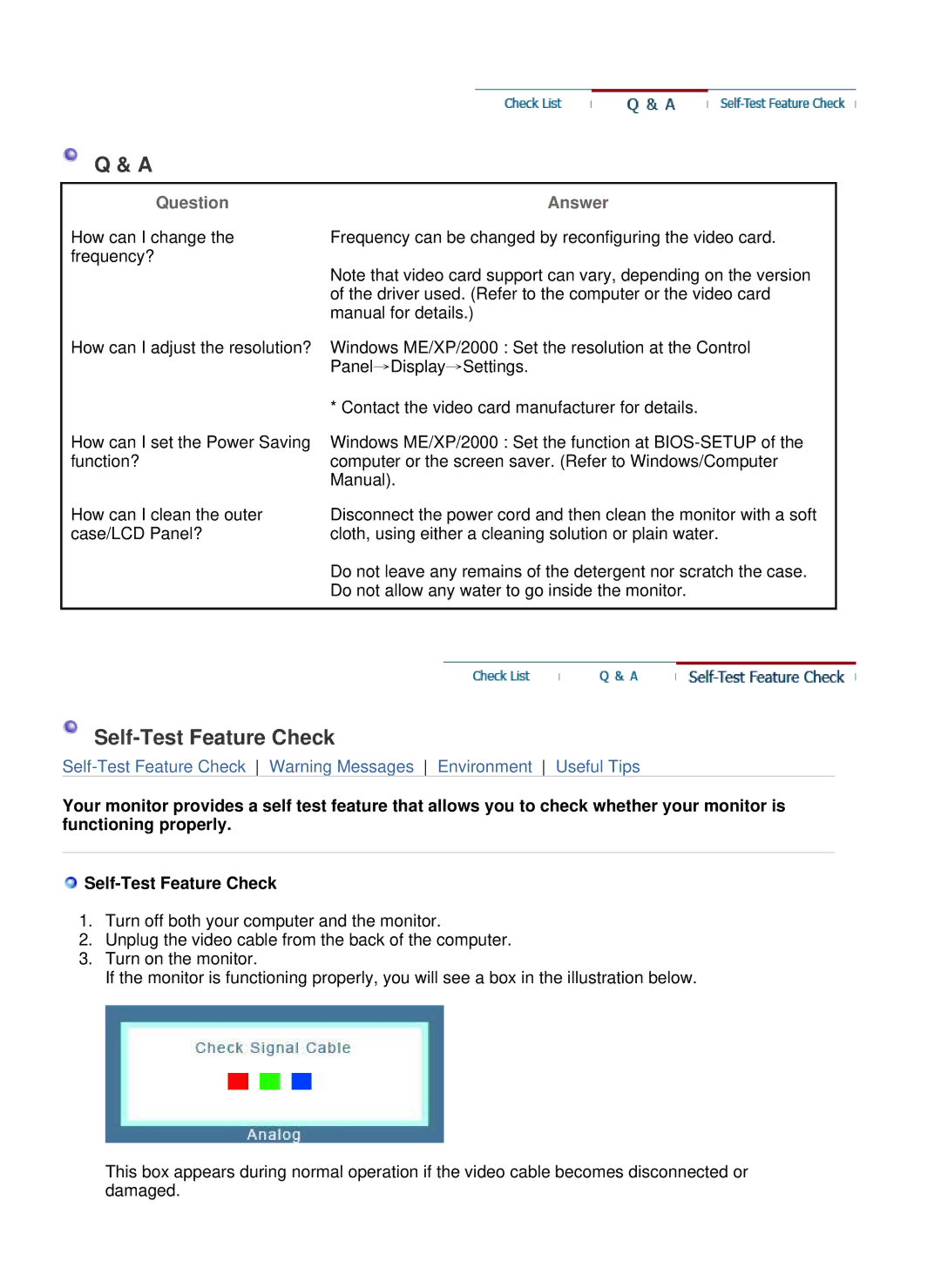 Samsung LS22WJNKFUEDC manual Self-Test Feature Check, Question, Answer 