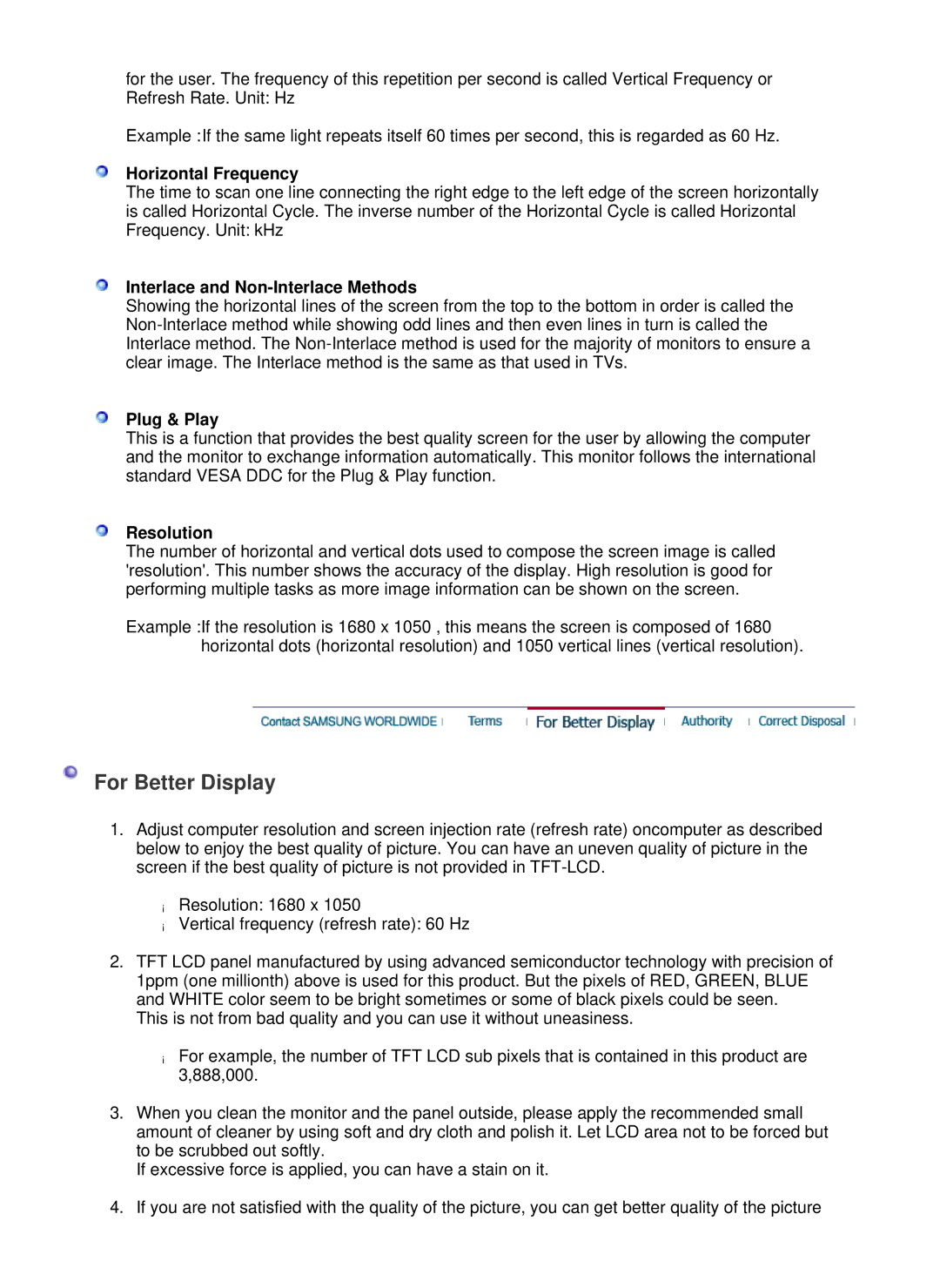 Samsung LS22WJNKFUEDC manual For Better Display, Horizontal Frequency, Interlace and Non-Interlace Methods, Plug & Play 