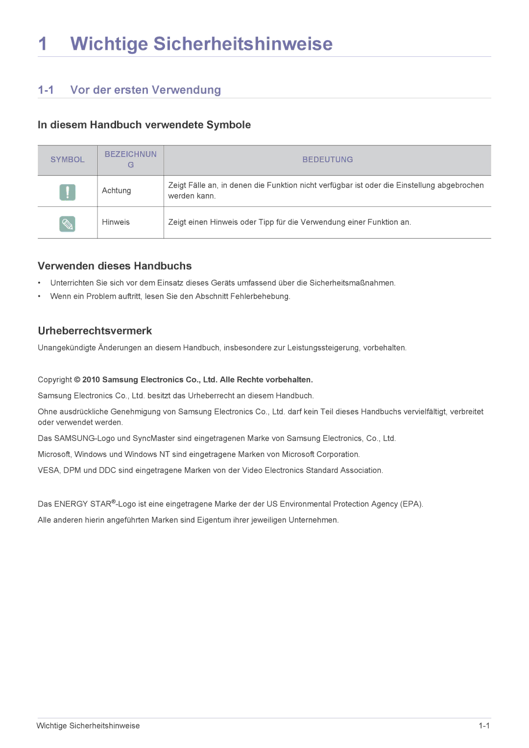 Samsung LS23X3HKFN/EN manual Vor der ersten Verwendung, Diesem Handbuch verwendete Symbole, Verwenden dieses Handbuchs 