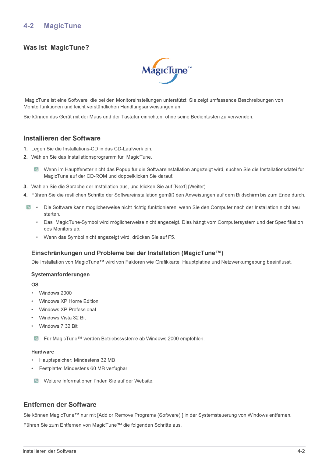 Samsung LS24X3HKFN/EN, LS22X3HKFH/XF manual Was ist MagicTune?, Installieren der Software, Entfernen der Software 