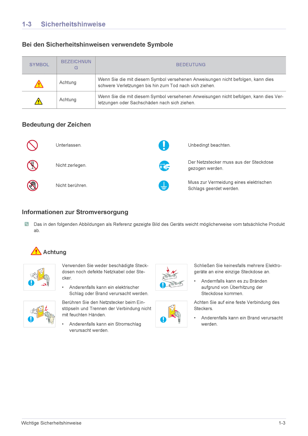 Samsung LS22X3HKFH/XF, LS24X3HKFE/EN manual Bei den Sicherheitshinweisen verwendete Symbole, Bedeutung der Zeichen 