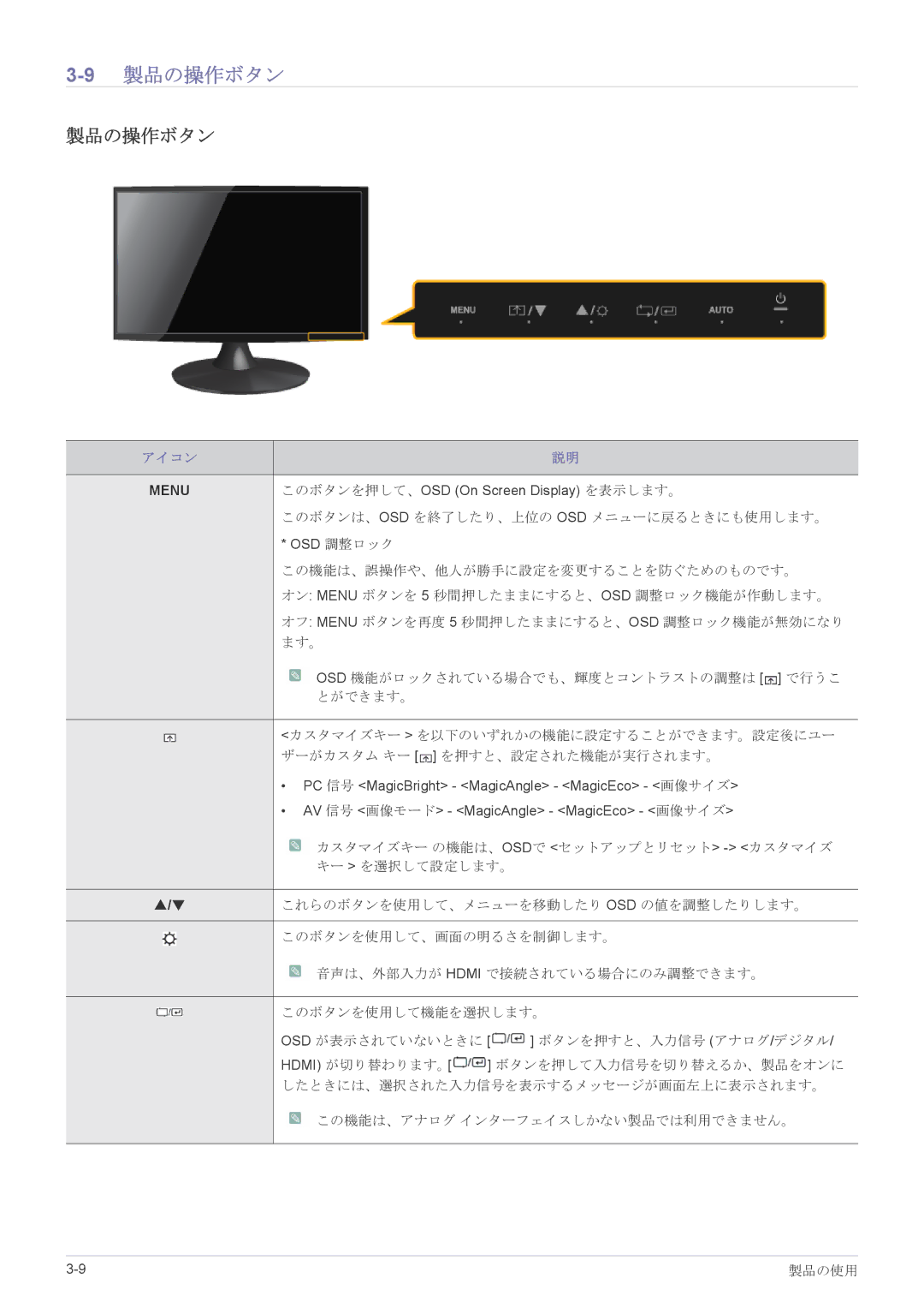 Samsung LS23X3HKFH/XJ, LS22X3HKFM/XJ manual 9製品の操作ボタン 