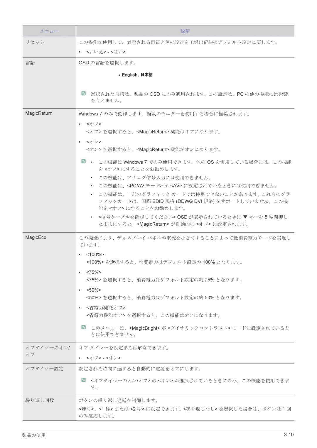 Samsung LS22X3HKFM/XJ, LS23X3HKFH/XJ manual リセット この機能を使用して、表示される画質と色の設定を工場出荷時のデフォルト設定に戻します。 