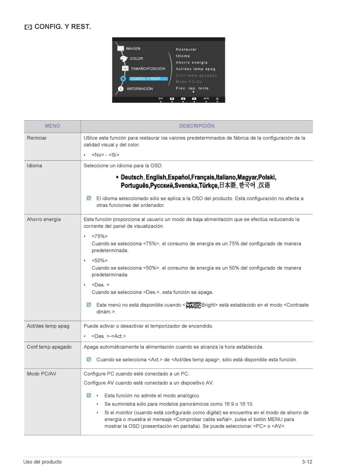 Samsung LS19A300NS/EN, LS23A300BS/EN, LS22A300BS/EN, LS20A300NS/EN, LS24A300BL/EN manual CONFIG. Y Rest 