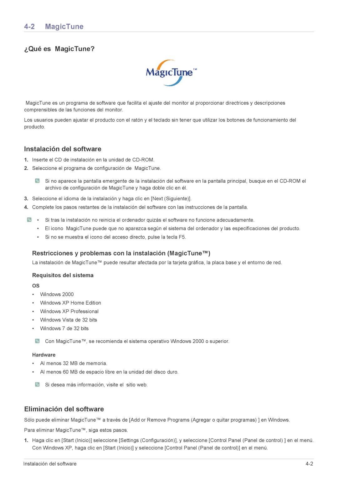 Samsung LS24A300BL/EN, LS23A300BS/EN ¿Qué es MagicTune?, Instalación del software, Eliminación del software, Hardware 