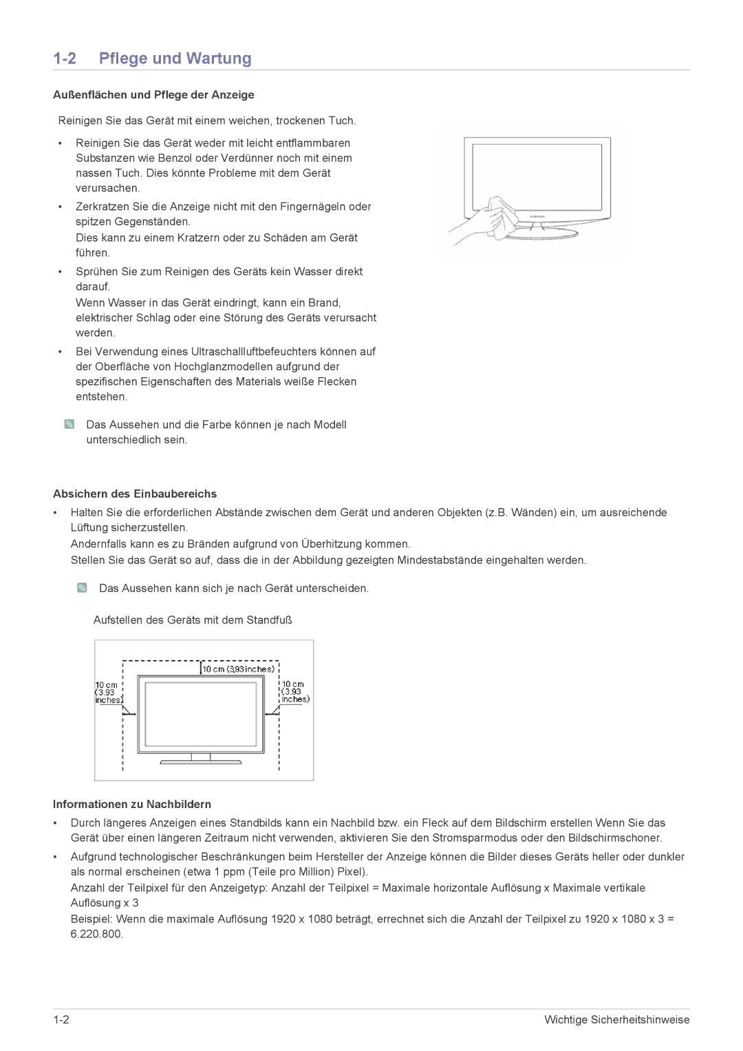 Samsung LS24A300BL/EN, LS23A300BS/EN Pflege und Wartung, Außenflächen und Pflege der Anzeige, Absichern des Einbaubereichs 