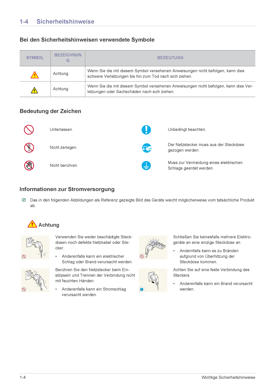 Samsung LS19A300NS/EN, LS23A300BS/EN manual Bei den Sicherheitshinweisen verwendete Symbole, Bedeutung der Zeichen 