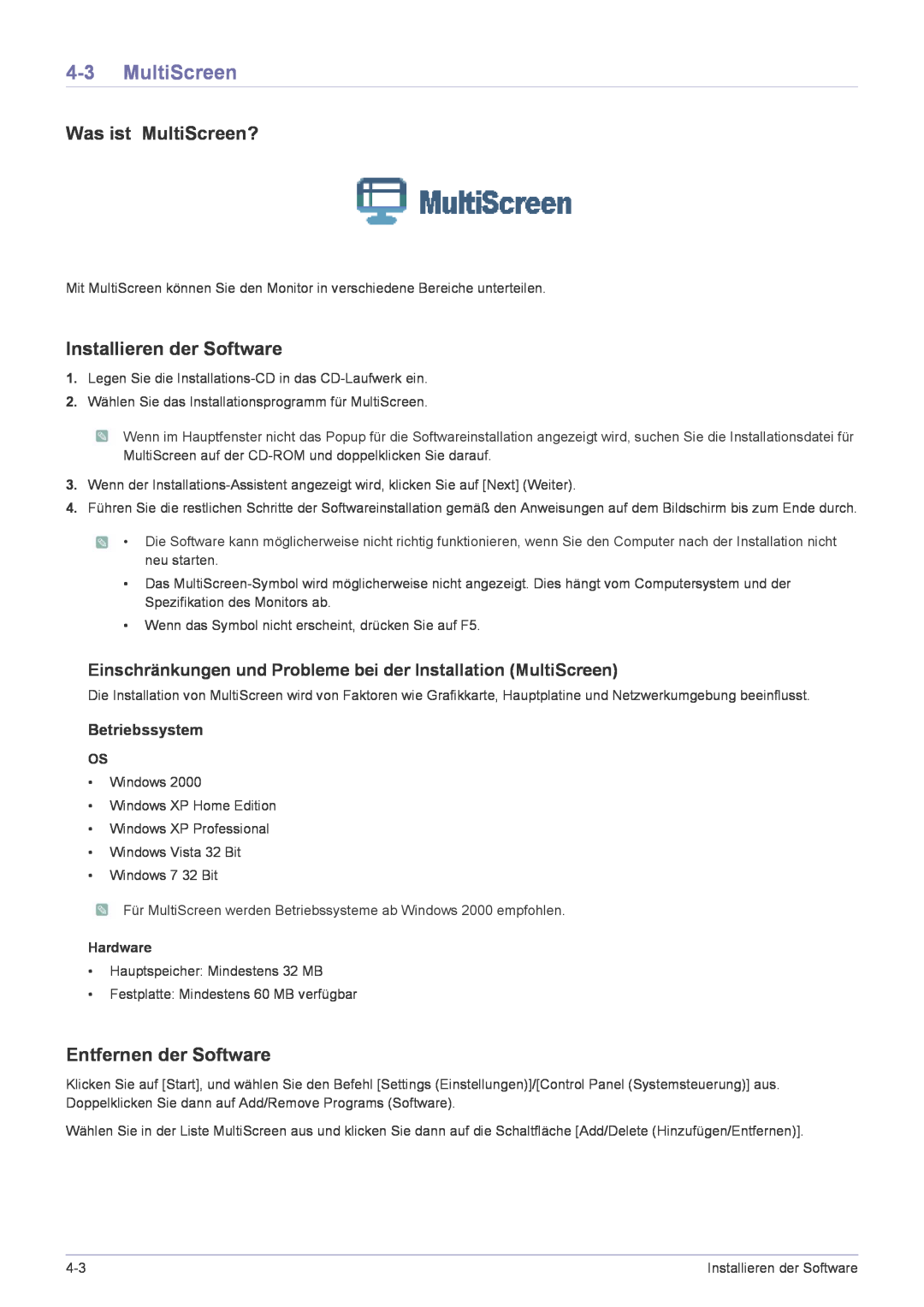 Samsung LS24A300BL/EN Was ist MultiScreen?, Einschränkungen und Probleme bei der Installation MultiScreen, Hardware 
