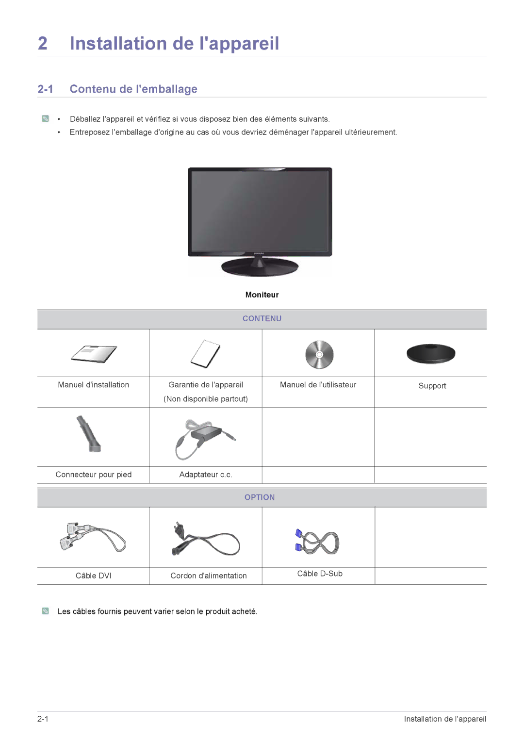 Samsung LS24A300BL/EN, LS23A300BS/EN, LS19A300NS/EN, LS24A300BS/EN, LS22A300NS/EN, LS22A300BS/EN Contenu de lemballage, Option 