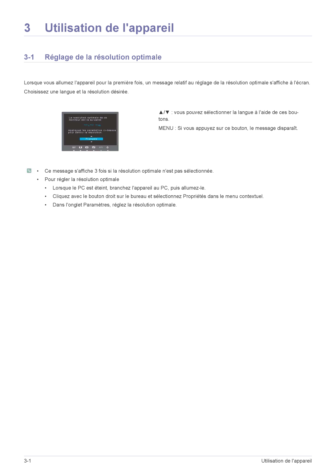 Samsung LS20A300NS/EN, LS23A300BS/EN, LS19A300NS/EN manual Utilisation de lappareil, Réglage de la résolution optimale 