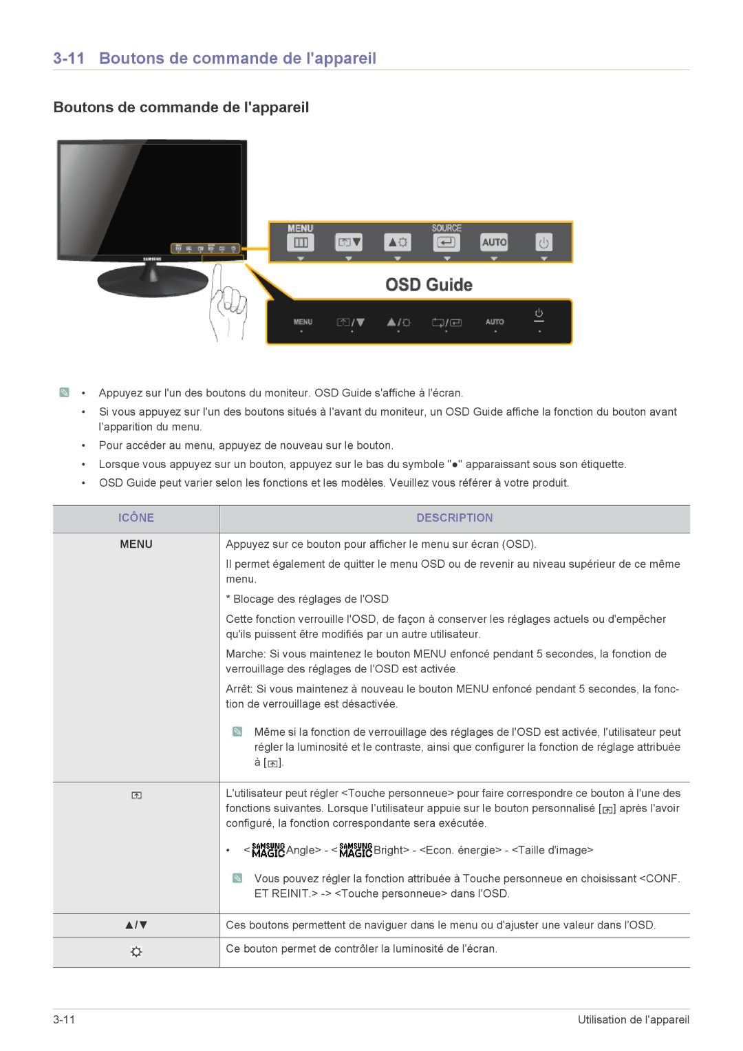 Samsung LS20A300NS/EN, LS23A300BS/EN, LS19A300NS/EN, LS24A300BS/EN manual Boutons de commande de lappareil, Icône Description 