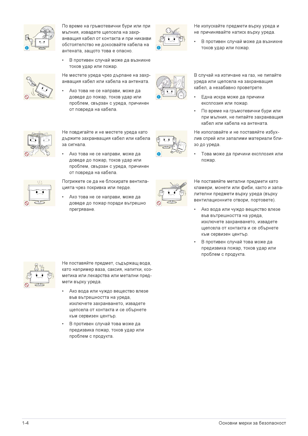 Samsung LS19A300NS/EN, LS23A300BS/EN, LS24A300BS/EN, LS22A300NS/EN, LS22A300BS/EN manual Основни мерки за безопасност 
