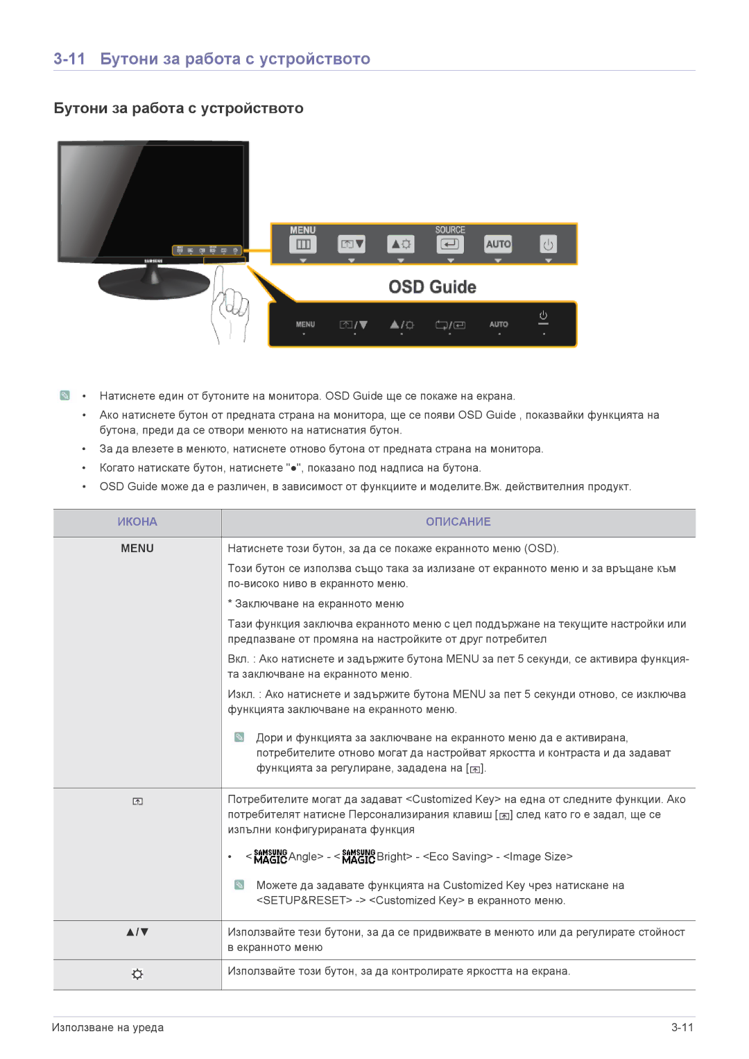 Samsung LS22A300BS/EN, LS23A300BS/EN, LS19A300NS/EN, LS24A300BS/EN manual 11 Бутони за работа с устройството, Икона Описание 