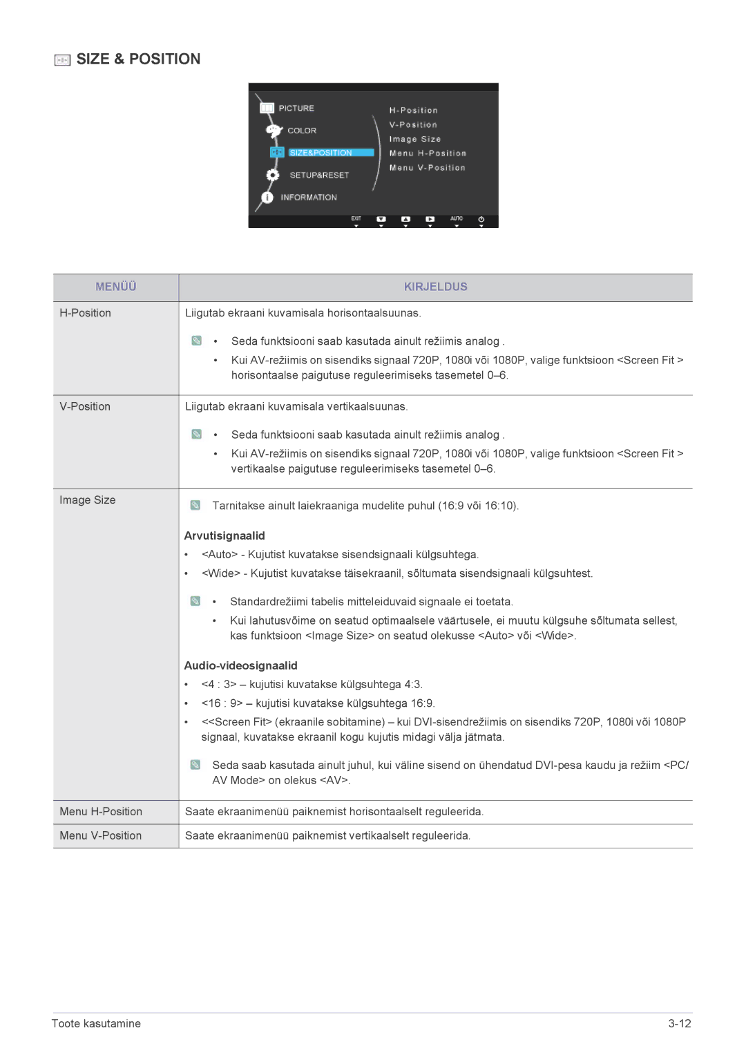 Samsung LS22A300BS/EN manual Position Liigutab ekraani kuvamisala horisontaalsuunas, Arvutisignaalid, Audio-videosignaalid 