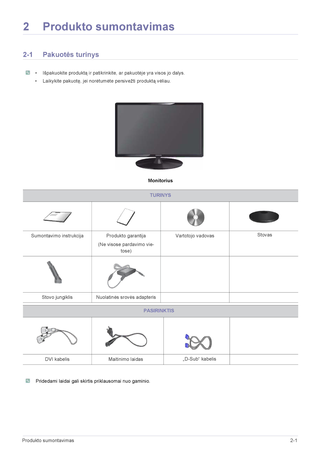 Samsung LS23A300BS/EN, LS19A300NS/EN, LS24A300BS/EN, LS22A300NS/EN, LS22A300BS/EN manual Pakuotės turinys, Turinys, Pasirinktis 