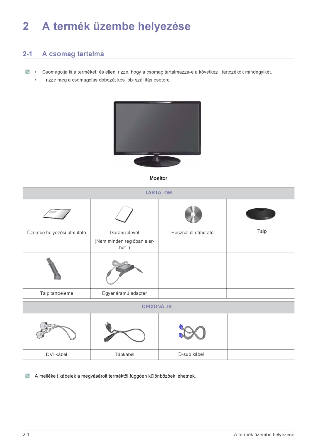 Samsung LS24A300BL/EN, LS23A300BS/EN, LS19A300NS/EN, LS24A300BS/EN, LS22A300NS/EN manual Csomag tartalma, Tartalom, Opcionális 