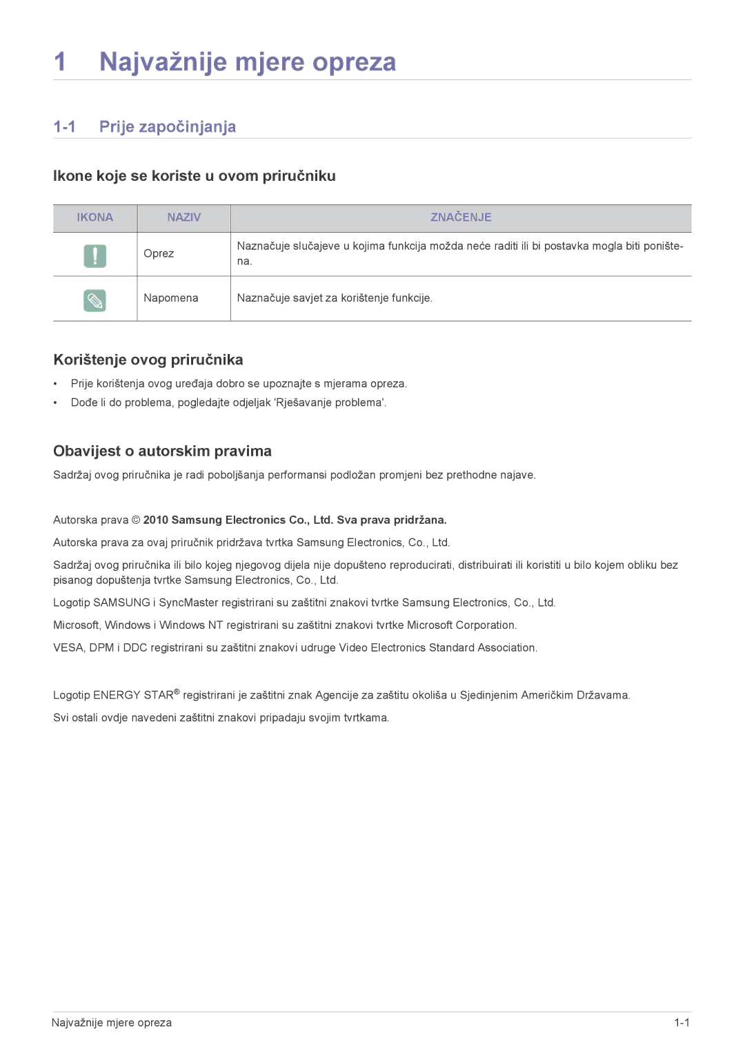 Samsung LS22A300BS/EN manual Prije započinjanja, Ikone koje se koriste u ovom priručniku, Korištenje ovog priručnika 