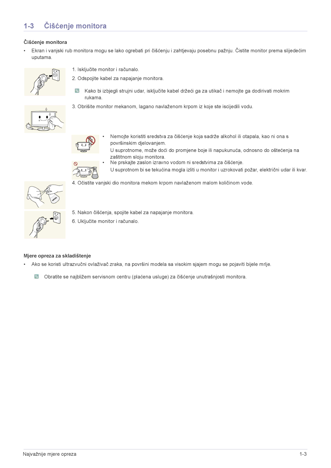 Samsung LS23A300BS/EN, LS19A300NS/EN, LS24A300BS/EN, LS22A300NS/EN manual Čišćenje monitora, Mjere opreza za skladištenje 