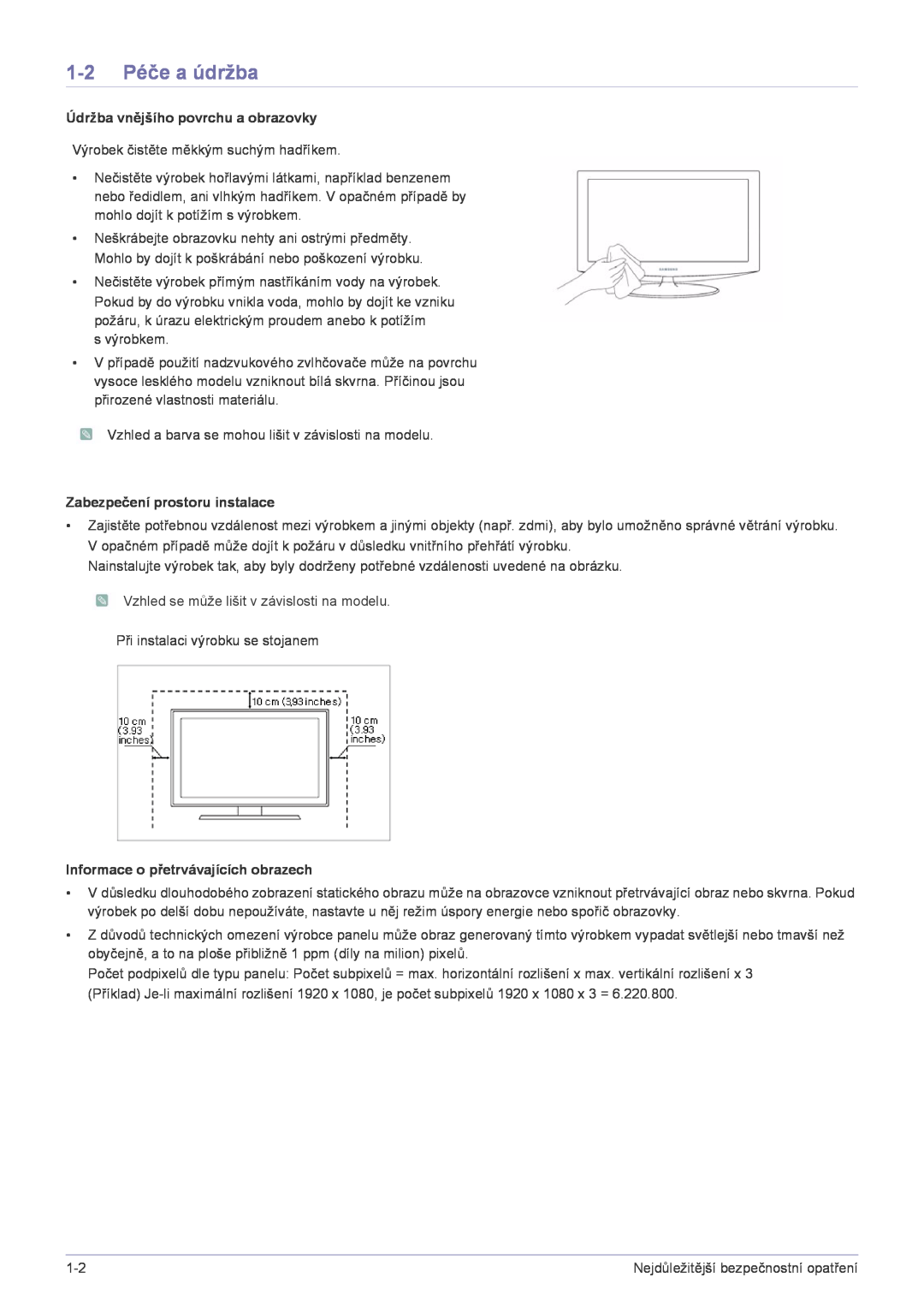 Samsung LS20A300NS/EN manual 1-2 Péče a údržba, Údržba vnějšího povrchu a obrazovky, Zabezpečení prostoru instalace 