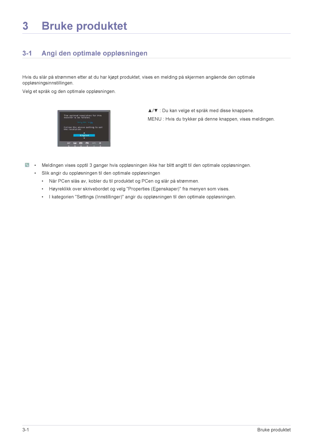 Samsung LS24A300BS/EN, LS23A300BS/EN, LS22A300BS/EN manual Bruke produktet, Angi den optimale oppløsningen 