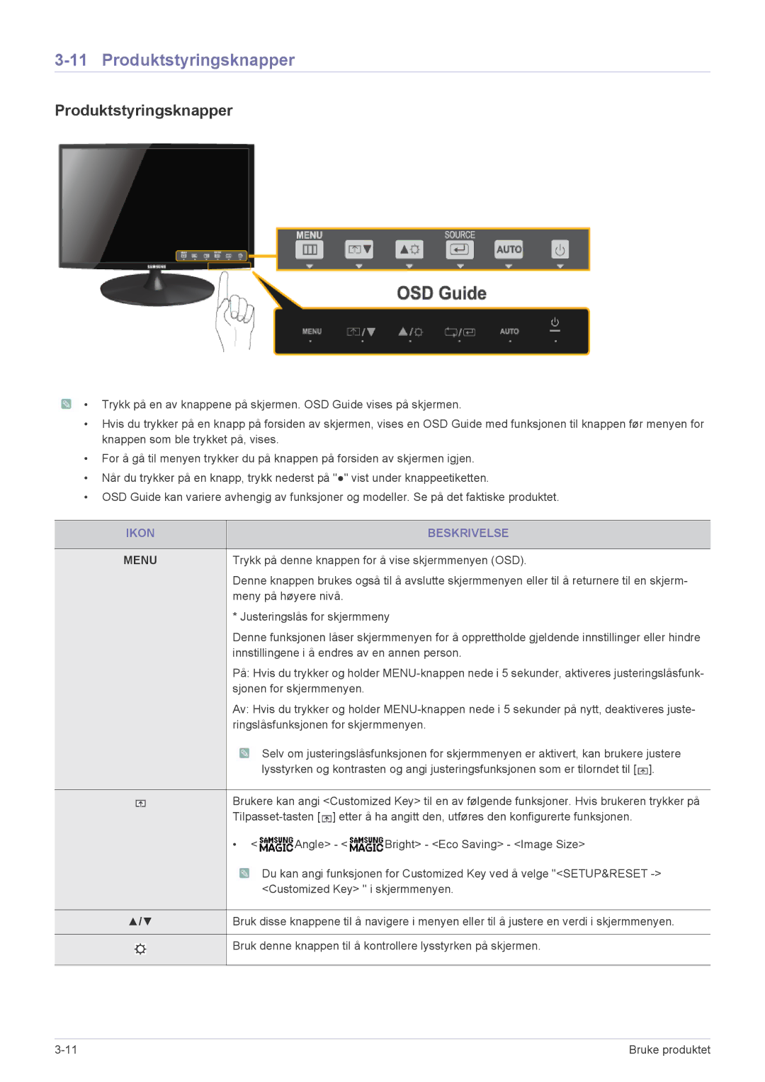 Samsung LS23A300BS/EN, LS24A300BS/EN, LS22A300BS/EN manual Produktstyringsknapper, Ikon Beskrivelse 