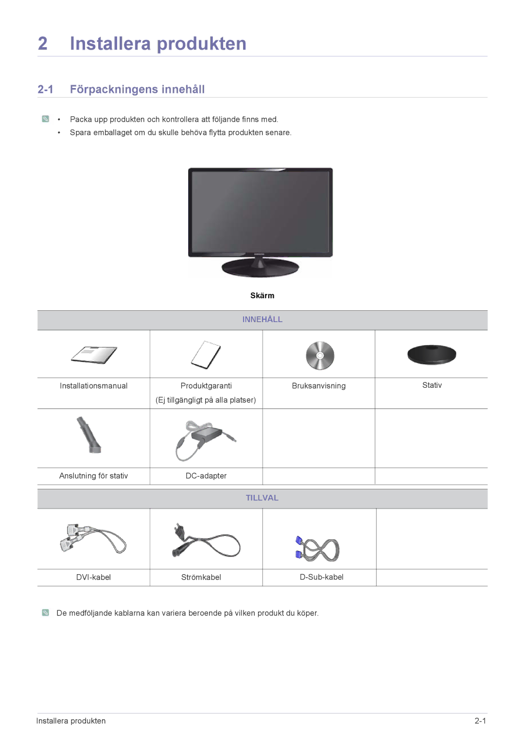 Samsung LS24A300BS/EN, LS23A300BS/EN, LS22A300BS/EN manual Förpackningens innehåll, Innehåll, Tillval 