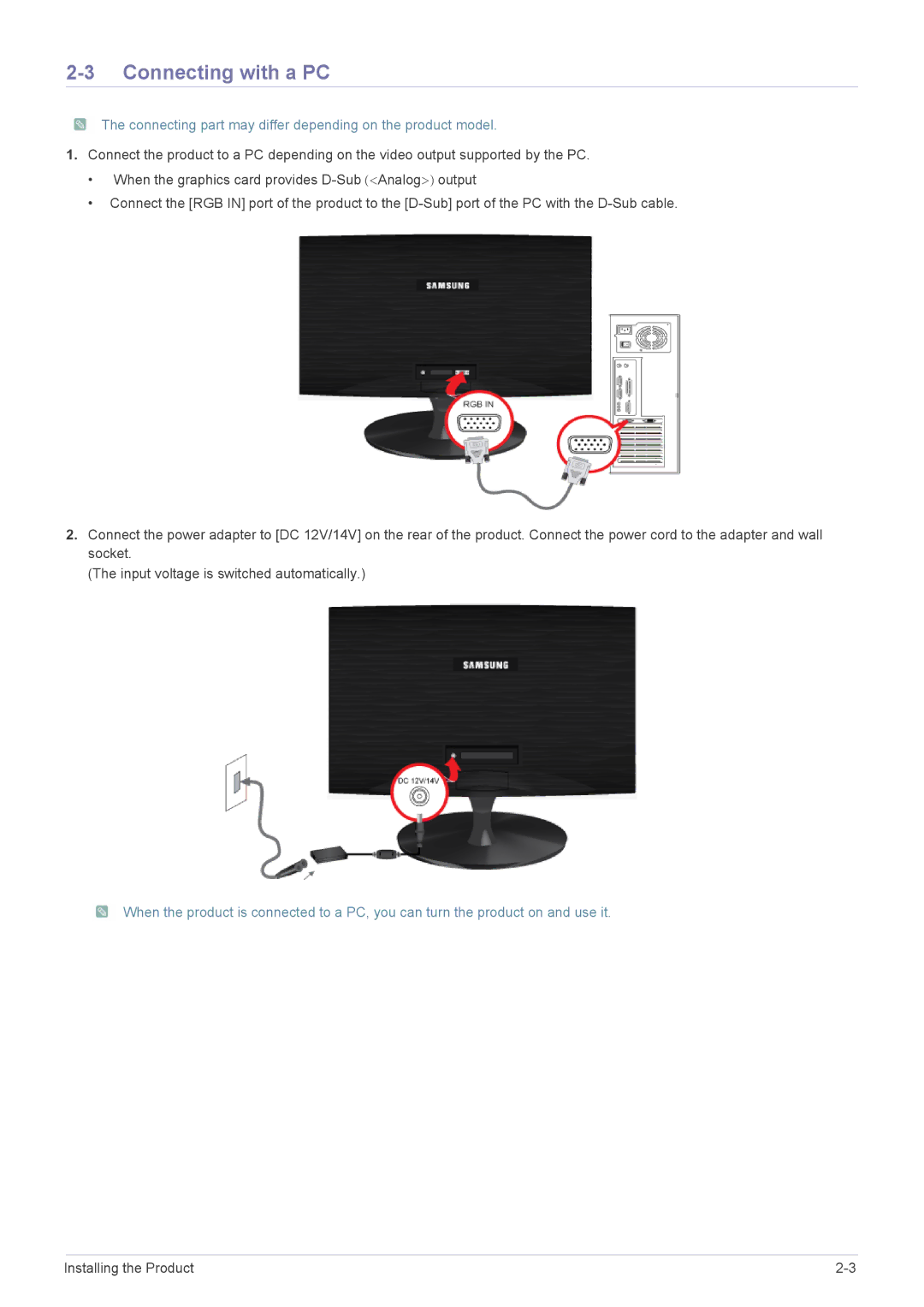 Samsung LS22A300NS/CI, LS23A300NS/CI manual Connecting with a PC, Connecting part may differ depending on the product model 