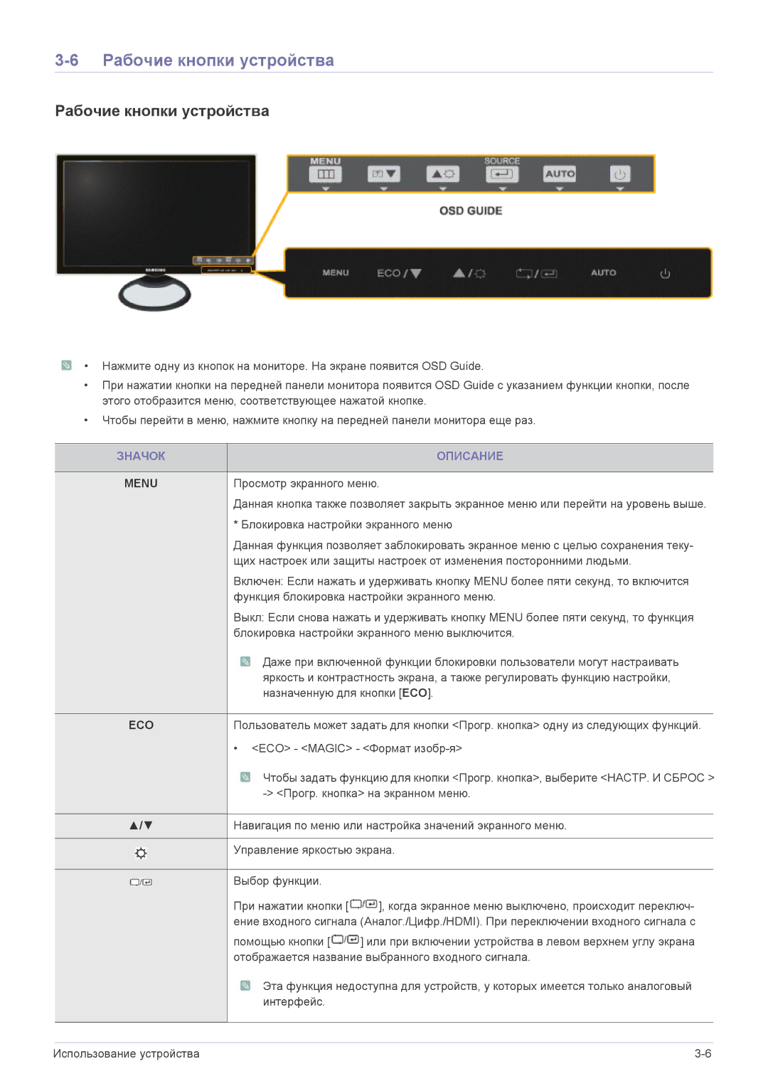 Samsung LS27A550HS/EN, LS23A550HS/EN, LS23A550HS/CI, LS27A550HS/CI manual Рабочие кнопки устройства, Значок Описание 