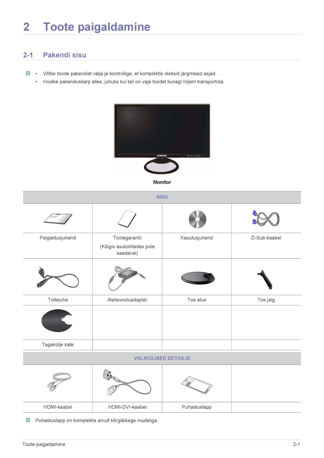 Samsung LS27A550HS/EN, LS23A550HS/EN manual Toote paigaldamine, Pakendi sisu, Sisu, Valikulised Detailid 