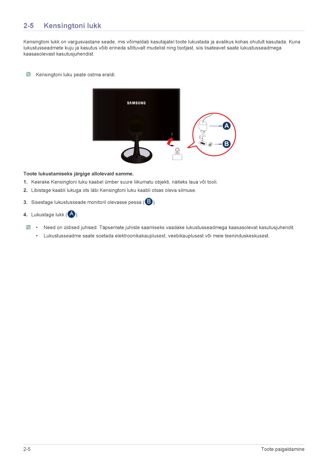 Samsung LS23A550HS/EN, LS27A550HS/EN manual Kensingtoni lukk, Toote lukustamiseks järgige allolevaid samme 