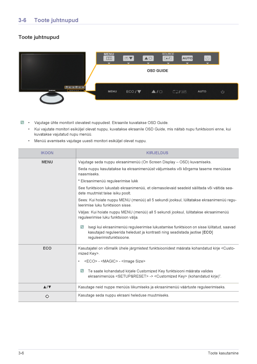 Samsung LS23A550HS/EN, LS27A550HS/EN manual Toote juhtnupud, Ikoon Kirjeldus 