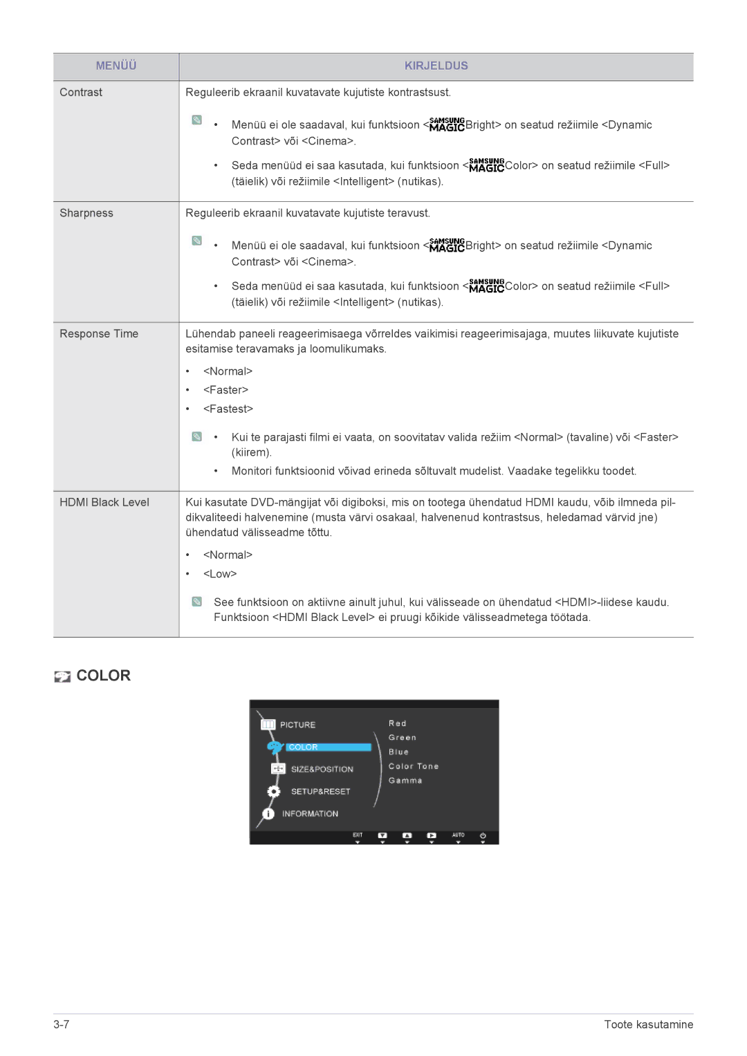 Samsung LS27A550HS/EN, LS23A550HS/EN manual Color 