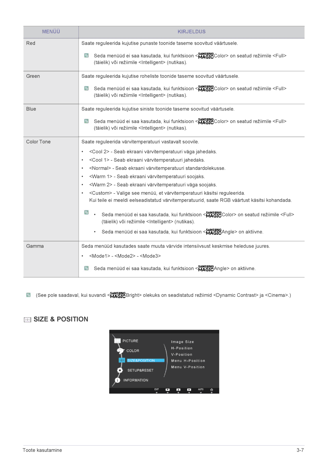 Samsung LS23A550HS/EN, LS27A550HS/EN manual Size & Position 