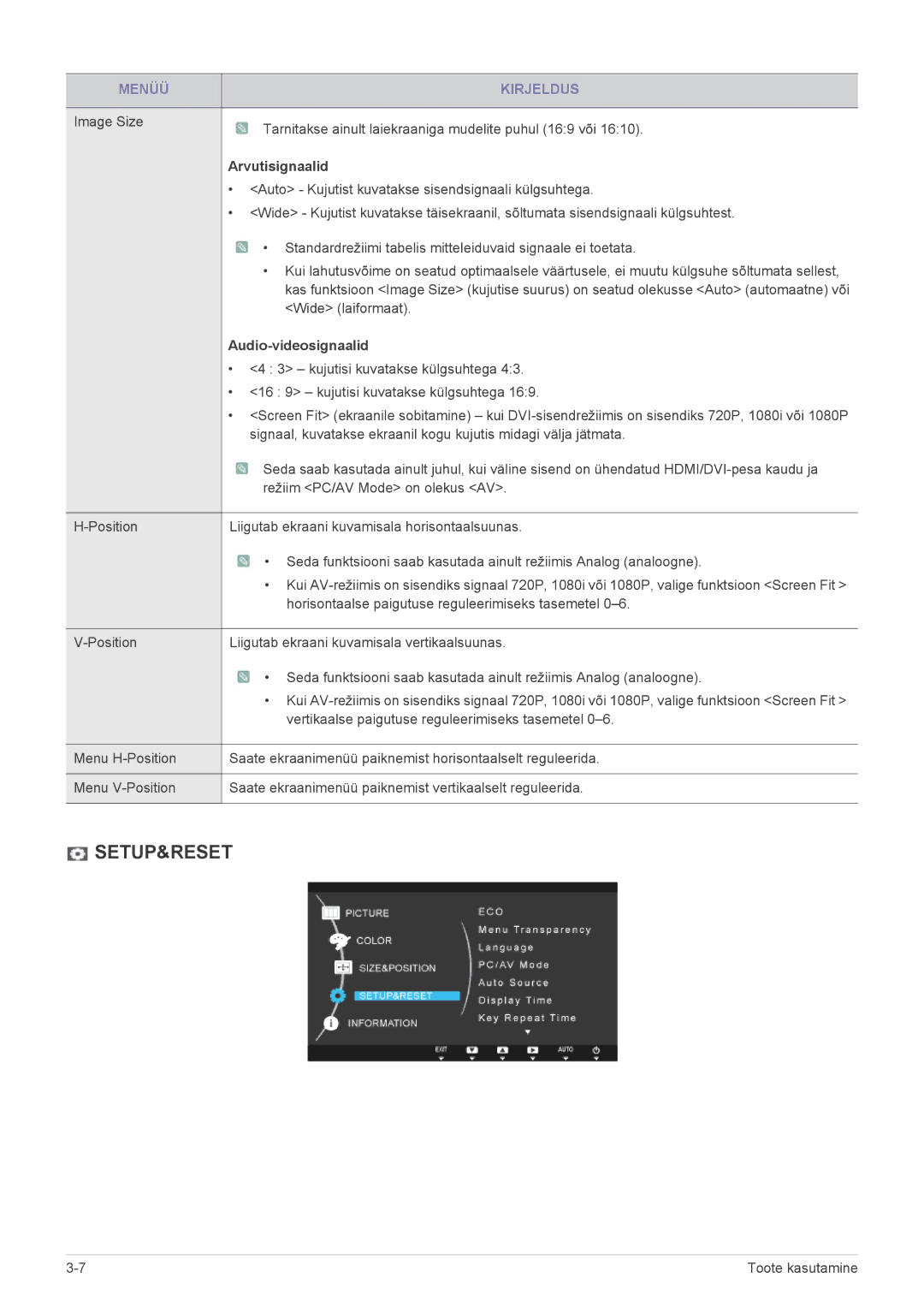 Samsung LS27A550HS/EN, LS23A550HS/EN manual Setup&Reset, Audio-videosignaalid 