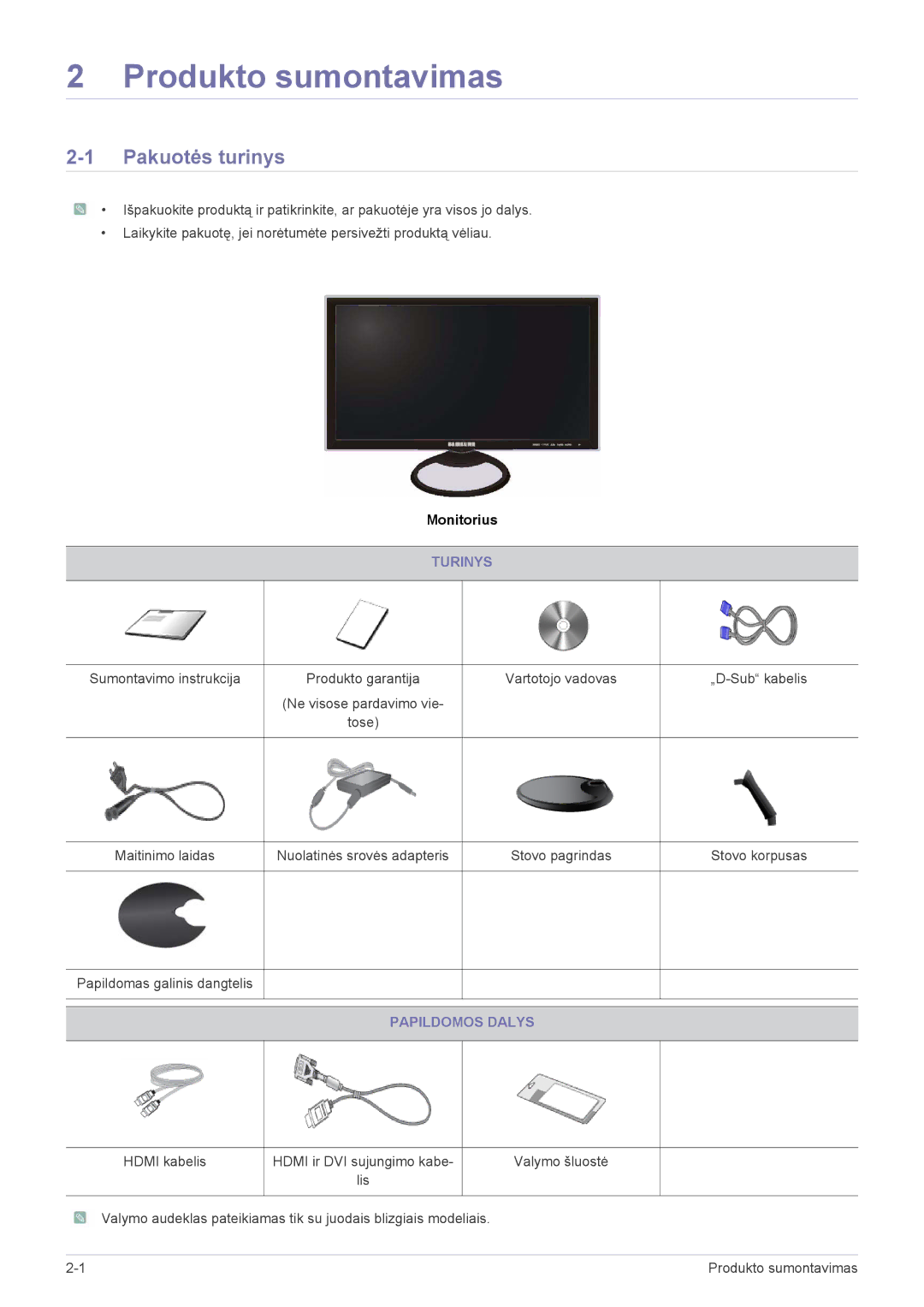 Samsung LS23A550HS/EN, LS27A550HS/EN manual Produkto sumontavimas, Pakuotės turinys, Turinys, Papildomos Dalys 