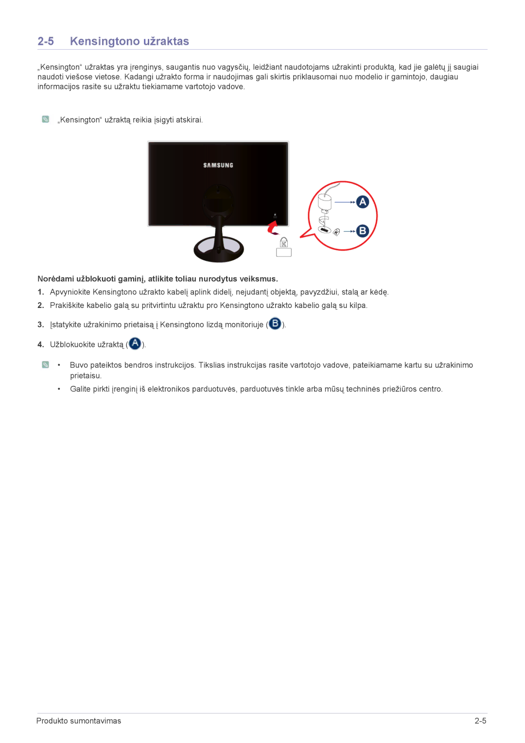 Samsung LS27A550HS/EN, LS23A550HS/EN manual Kensingtono užraktas 