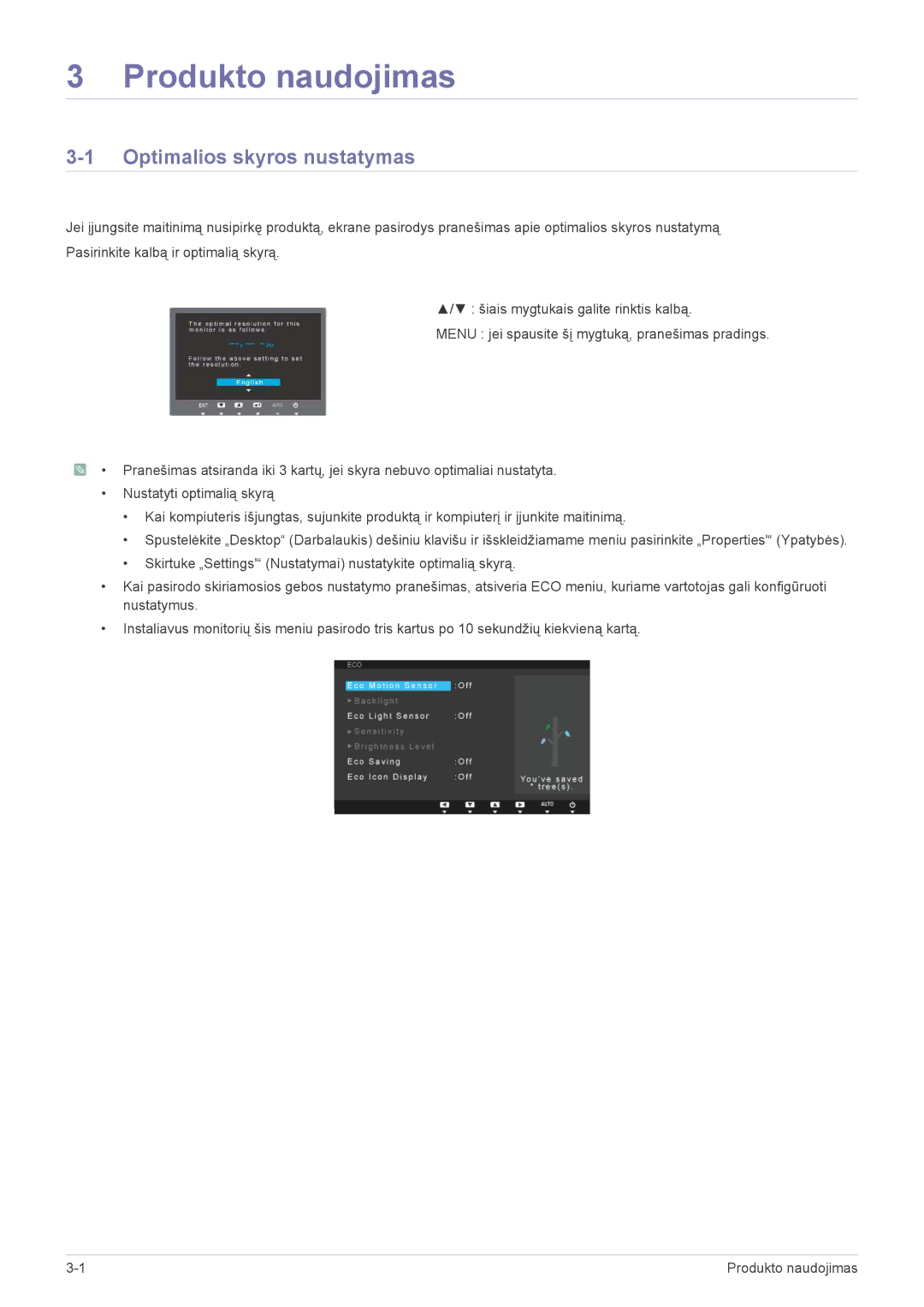 Samsung LS23A550HS/EN, LS27A550HS/EN manual Produkto naudojimas, Optimalios skyros nustatymas 