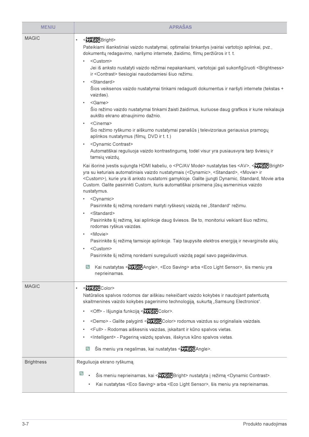 Samsung LS27A550HS/EN, LS23A550HS/EN manual Reguliuoja ekrano ryškumą 