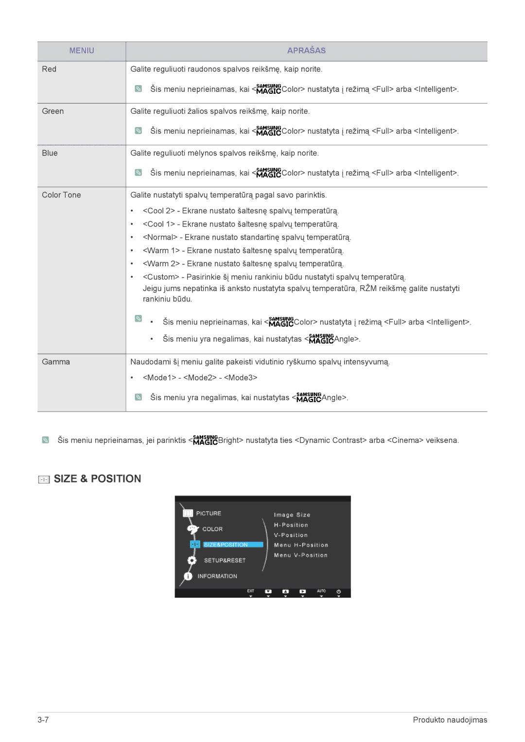 Samsung LS27A550HS/EN, LS23A550HS/EN manual Size & Position 