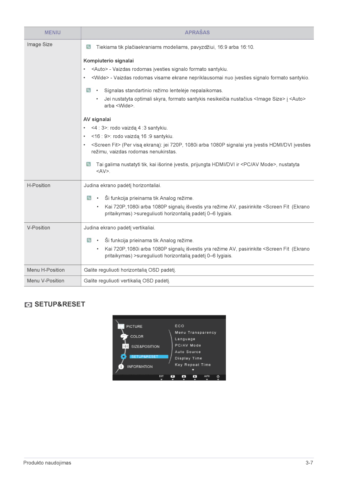 Samsung LS23A550HS/EN, LS27A550HS/EN manual Setup&Reset, AV signalai 