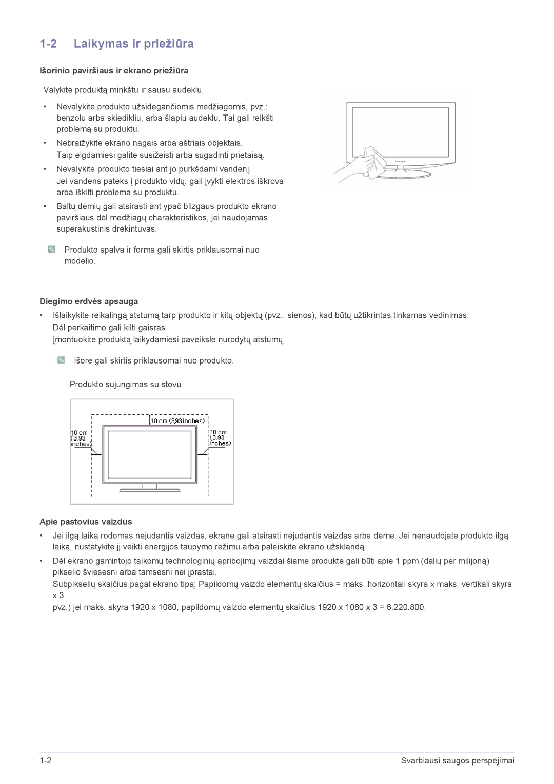 Samsung LS23A550HS/EN manual Laikymas ir priežiūra, Išorinio paviršiaus ir ekrano priežiūra, Diegimo erdvės apsauga 